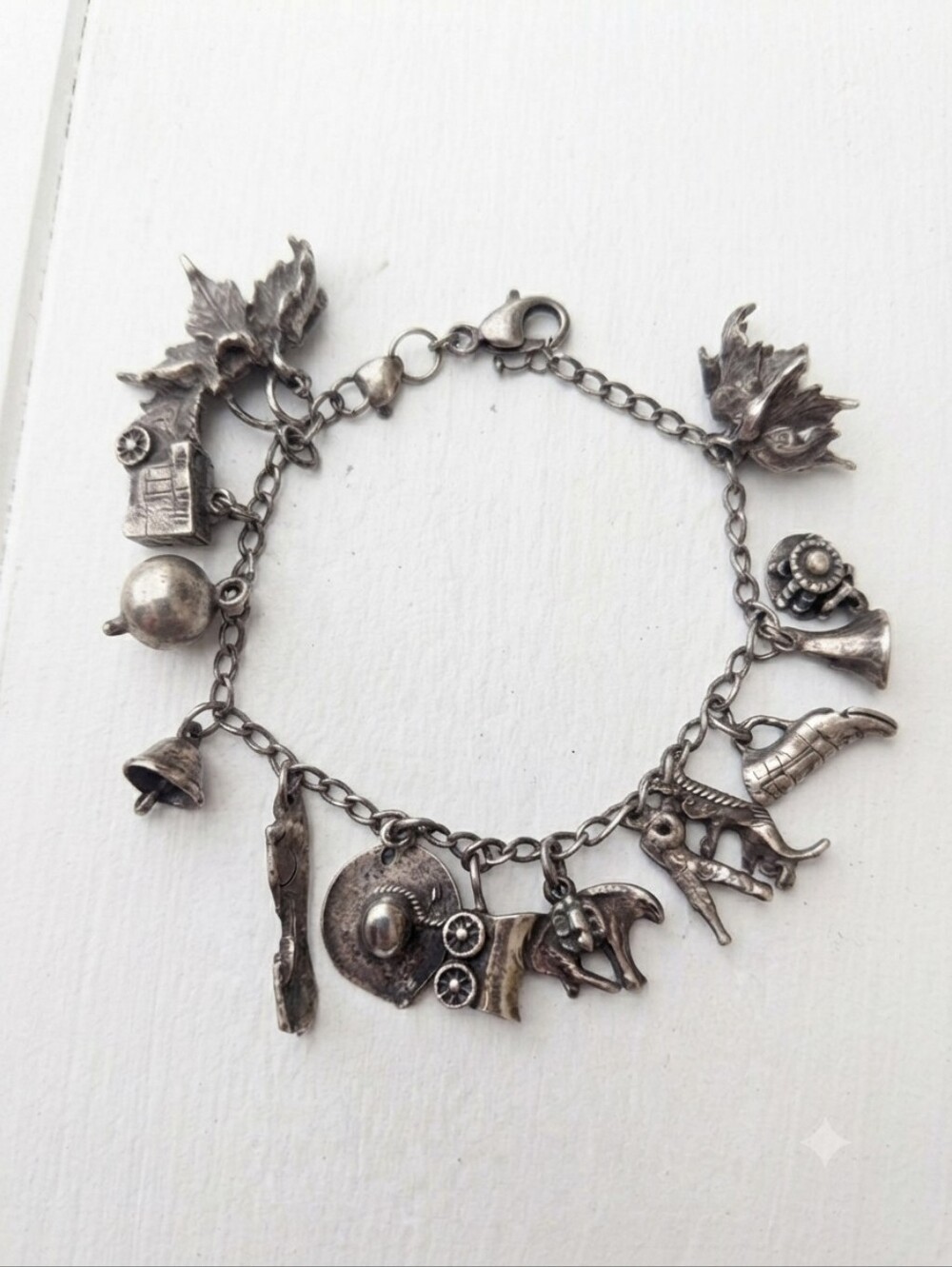 Vintage Sterling Silver 925 Western Theme Charm Bracelet - Cowboy, Boot, Horse